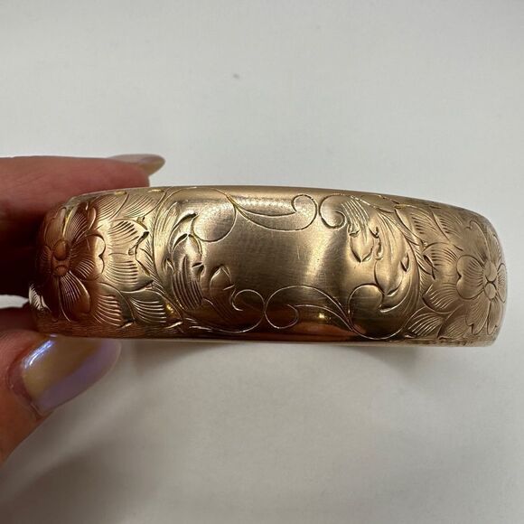 1950s Victorian Revival Etched Floral Gold filled clamper cuff bracelet, FMCO! - Picture 7 of 10